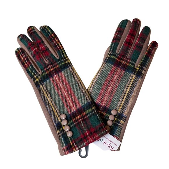 NWT Womens Plaid Touchscreen Gloves Button Embellishment Fleece Lining Top It Of - Picture 2 of 6